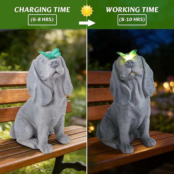 Garden Statue Dog Figurines - Outdoor Dog Statue with Solar Butterfly Lights for Patio Yard Art Decor Balcony Lawn Ornament, Ideal Housewarming Gardening Gifts for Mom