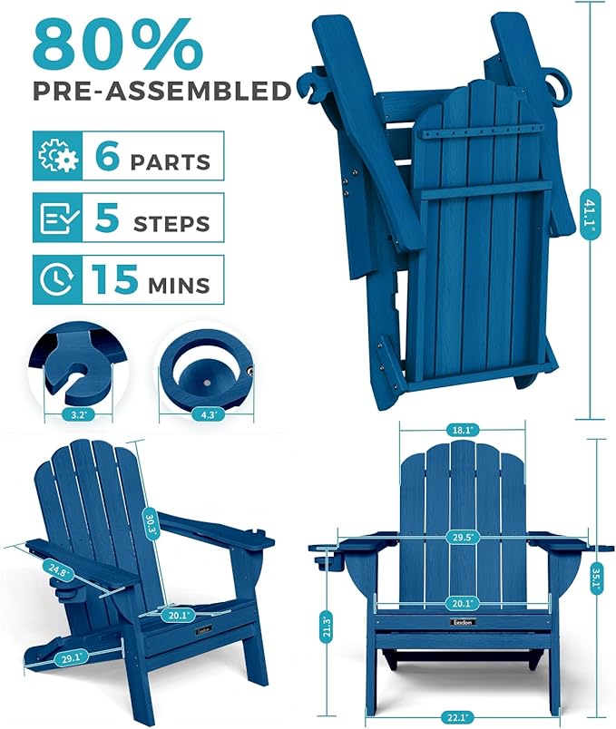 Folding Adirondack Chair, HDPE Adirondack Chair with 2 Cup Holders, Pre-Assembled Outdoor Fire Pit Chairs for Patio, Garden, Poolside, NavyBlue