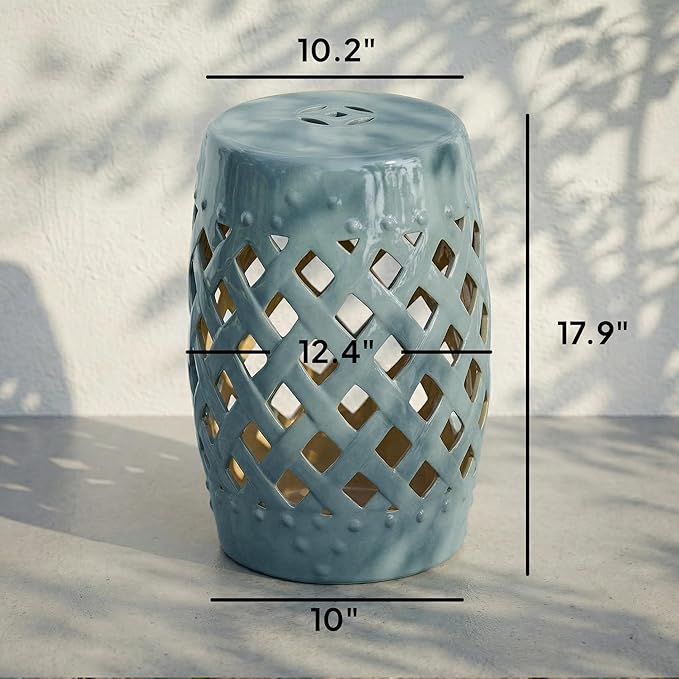 Outsunny 13" x 18" Ceramic Garden Stool with Woven Lattice Design & Glazed Strong Materials Decorative Outdoor Stool, Antique Blue