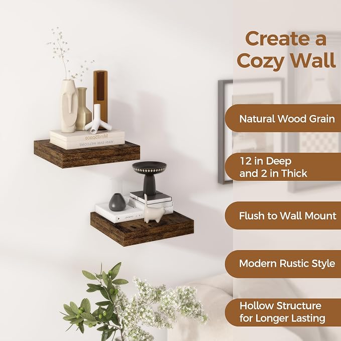 Fun Memories 12 Inch Floating Shelf, Rustic Wood Wall Shelves for Wall Decor & Storage, 12 x 12 Floating Shelf for Living Room, Bathroom, Bedroom, Rustic Brown, Set of 2
