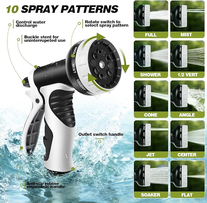 Garden Hose 50 FT, Lightweight Non-Expanding Water Hose with 10 Function Nozzle, Manguera Para Jardin with 3/4" Brass Connectors Leak-Proof, Burst-Resistant, Anti-Kink