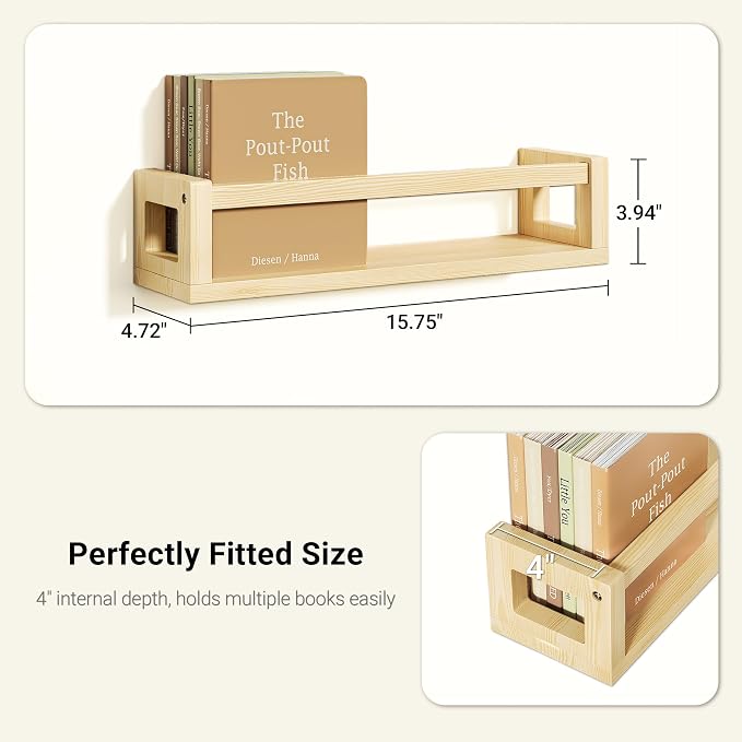3Pack Solid Wood Floating Shelves for Wall, Nursery Bookshelf, Natural Wood | Durable Solid Wood Construction, Deep Shelf Space for Books, Toys, Plants, Photos and Kitchen Storage