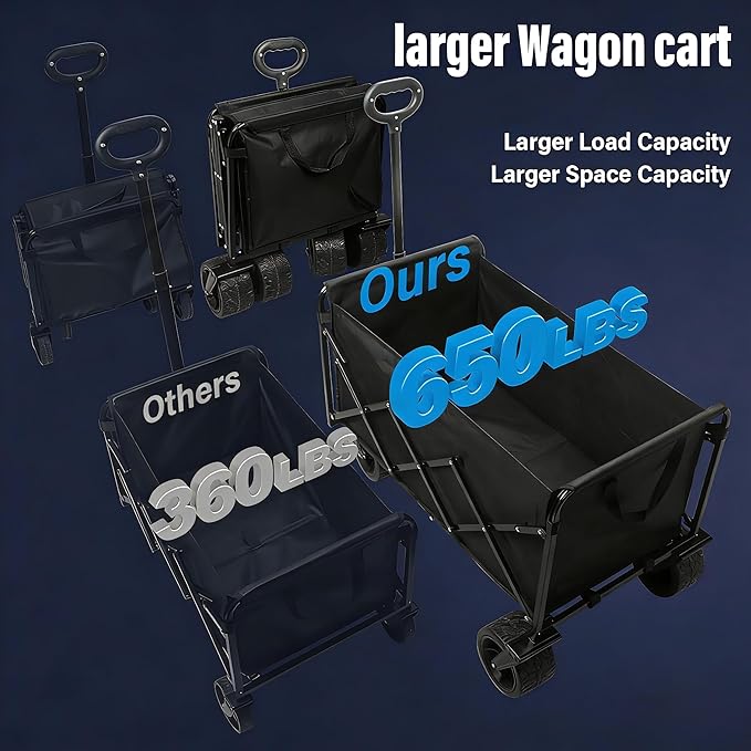 Collapsible Wagon Cart, 650lbs Capacity 300L Folding Utility Wagon with All-Terrain Wheels & Brakes, Heavy Duty Foldable Beach Cart for Groceries, Camping, Sports, Shopping – Black