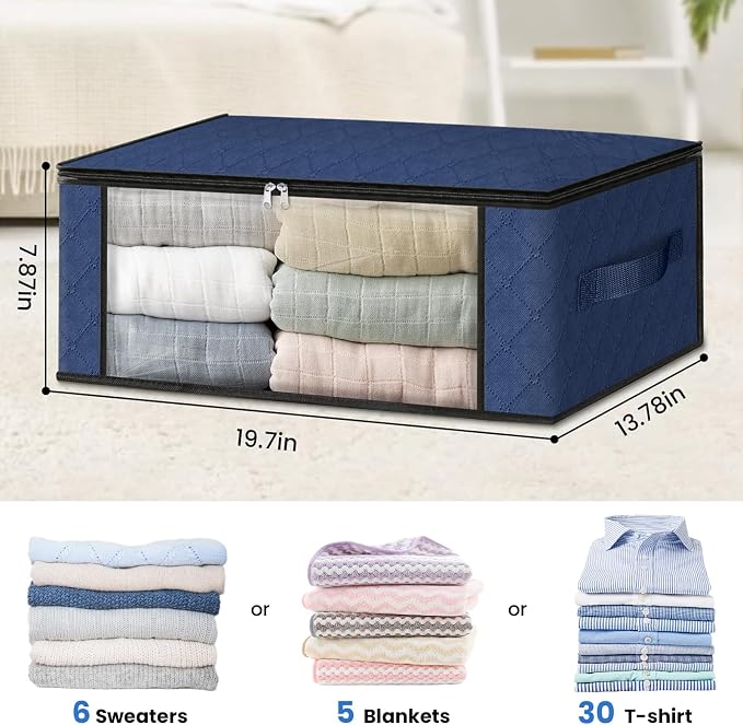 HomeHacks 4-Pack Clothes Organizer Storage Bags, 35L Storage Bins, Blue