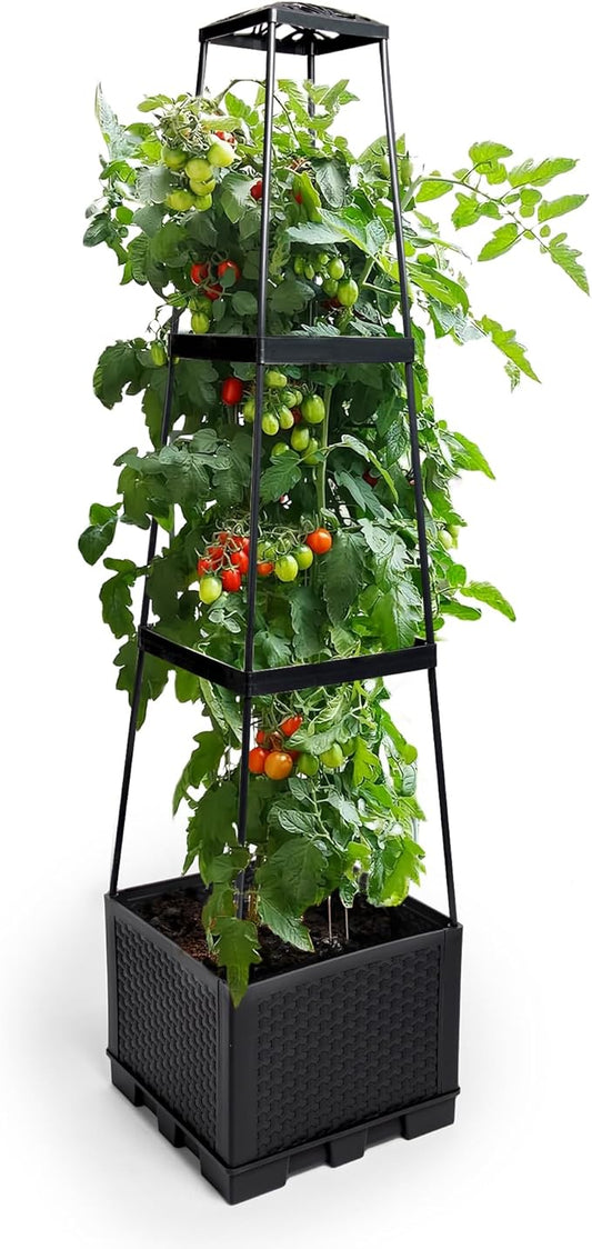 GENMOUS 3 Tiered Tomato Planter with Trellis for Small Climbing Vegetables Growing Plants, 45” Raised Garden Bed Planter Box Tomato Cage Tomato Planters for Patio Indoor Outdoor Vegetables （1 Pack）