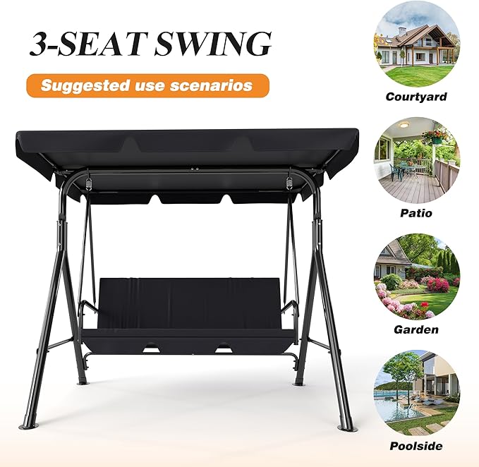 3-Seat Patio Swing Chair,Outdoor Porch Swing with Adjustable Canopy and Durable Steel Frame for Patio, Garden, Poolside (Black)