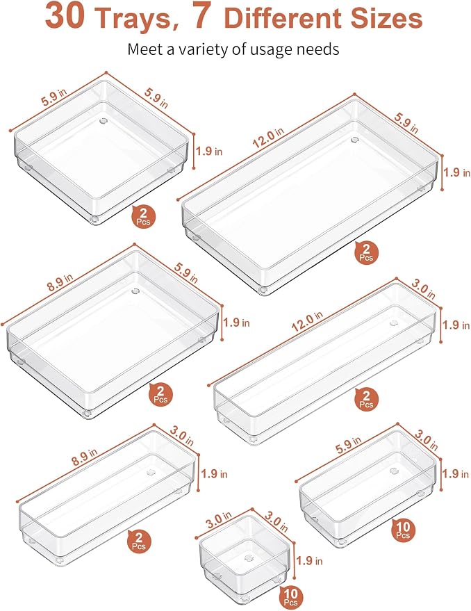 SMARTAKE 30-Piece Drawer Organizer with Non-Slip Silicone Pads, 7-Size