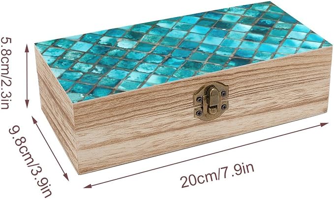 Turquoise Blue Pattern Small Wooden Storage Box, Elegant Retro Style, Practical Storage & Home Decoration Dual Use