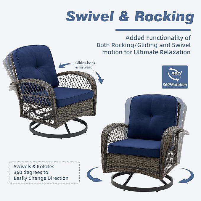 MELLCOM 3 Pieces Patio Furniture Set, Outdoor Swivel Rocker Patio Chairs, Wicker Patio Bistro Set with Rocking Chair, Thickened Cushions and Glass Coffee Table for Backyard, Garden, Navy Blue
