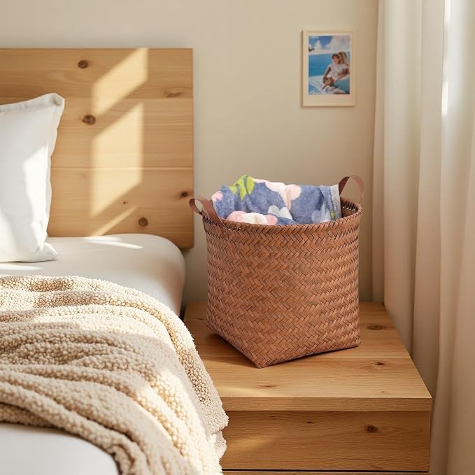 GIB Wicker Storage Baskets for Shelves, 11"x12" Round Woven Storage Cube Bins Organizer, Faux Rattan Wicker Blanket Basket for Organizing Clothes Toys Laundry Closet, 4 Pack, Brown