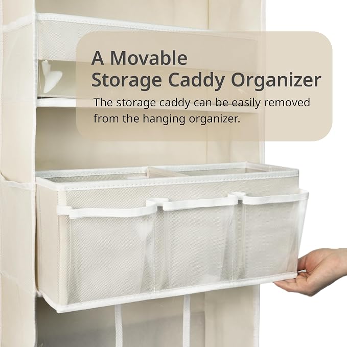 Door Hanging Storage Organizer,with 3 Bins 1 Movable Baby Diaper Caddy,1 Large capacity diaper stacking storage Organizer,10 Side Pockets ,Bedroom Door Storage for Nursery Baby Essentials. (Beige)