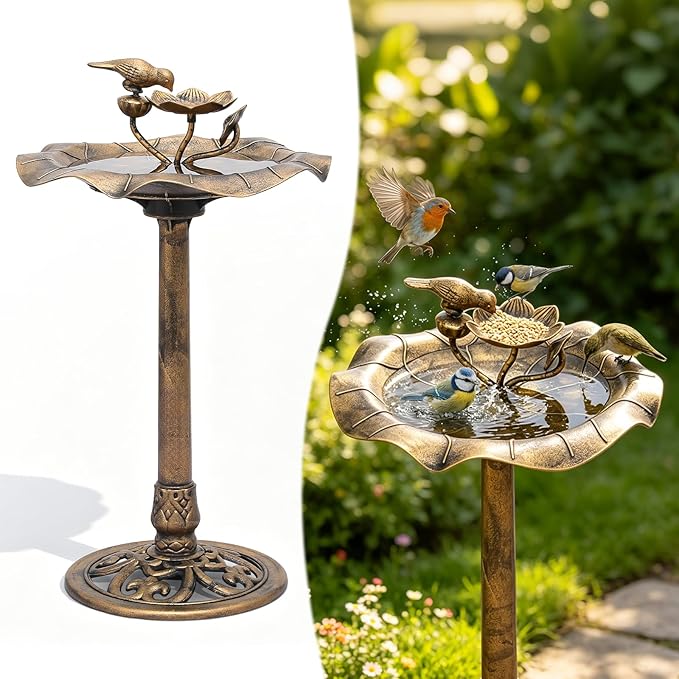 Magshion 35" Outdoor Bird Bath and Feeder for Outside, Pedestal Birdbath with Vintage Lotus Design, Durable Polypropylene Construction, Stunning Garden Accent for Lawn, Backyard & Patio, Bronze