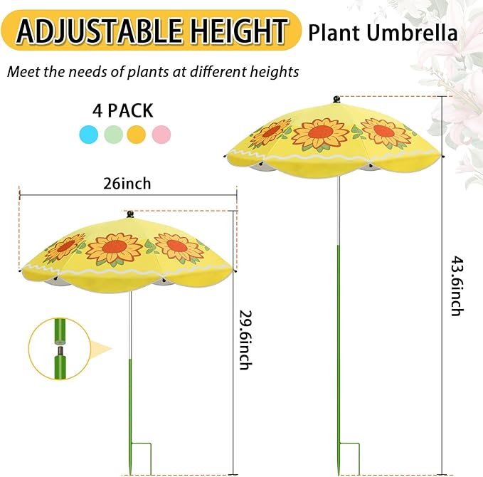 MJZ 4 Pack Upgraded Plant Umbrellas for Outdoor Plants, 26" Larger Garden Plant Shade Umbrella with Adjustable Angle 43.4" Higher Sun Shade with Floral Prints for Outdoor Potted Plants Garden Beds