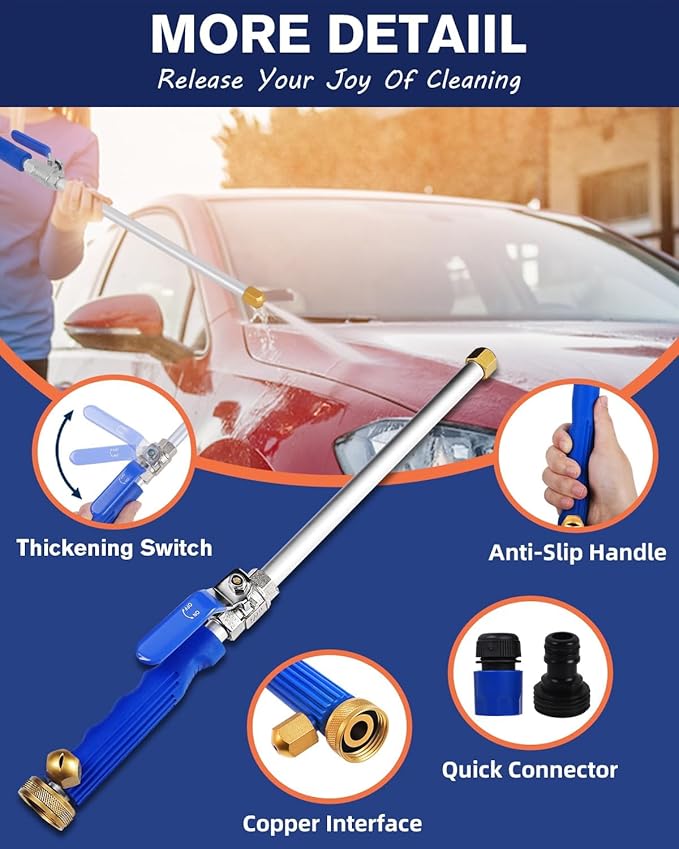 Garden High Pressure Hose Nozzle, Jet Nozzle High Pressure Hose Nozzle Tool Attachment with 2 Different Nozzles, Quick Connect Flexible Wand Lance for Gutter Patio Car Pet Window (Blue)