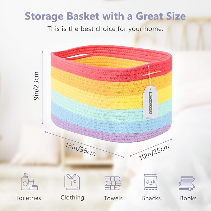 ECDYQXVU 15x10x9 Inch Woven Cotton Rope Storage Basket, 3 Pack | Foldable Design, Built-in Handles, Space-saving Organizer for Living Room, Bedroom, Laundry, Shelves, Clothes, Towels
