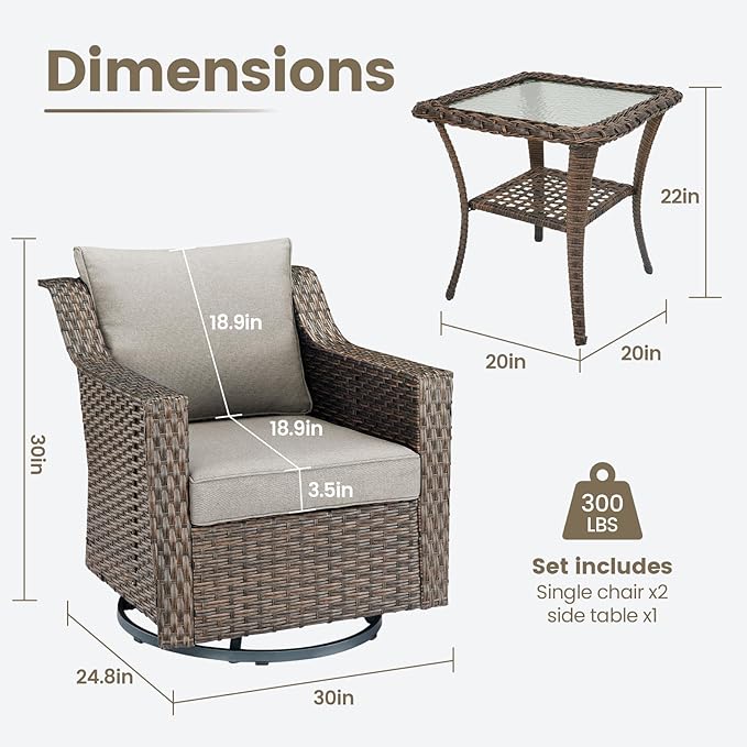 Outdoor Patio Table and Chairs Set - 3 Piece Outside Wicker Conversation Bistro Dining Furniture Sets with Rocking Swivel Chair and Glass Top End Tables for Front Porch Balcony Yard – Brown/Beige