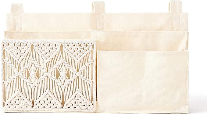 Mkono Bedside Caddy, Macrame Bunk Bed Hanging Organizer, 7 Pockets Ivory