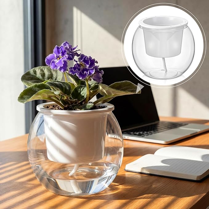4 Pcs Self Watering Pots for Indoor Plants with Drainage Holes 6 Inch Clear African Violet Pots Pet Automatic-Watering Planter with Wick Rope for Windowsill Gardens Herb Orchid