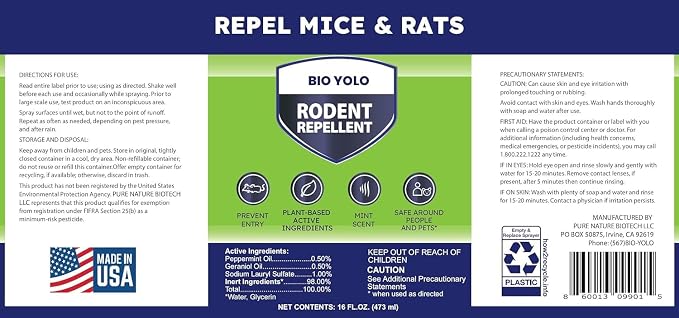 Rodent Repellent Spray– Effective Natural Peppermint Formula Repel Mice, Rats, Squirrels, and Rodents. Safe for Indoor, Outdoor, and Car Engines. Safe for People and Pets. (2, 16oz)