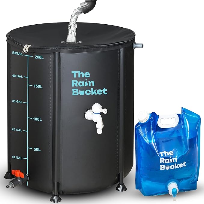 Collapsible Rain Barrel 53-Gallon – Weatherproof Rainwater Collection System for Gutter with Spigots, Mosquito Mesh & PVC Support Rods – Portable Water Storage Tank for Garden & Outdoor Use – Black