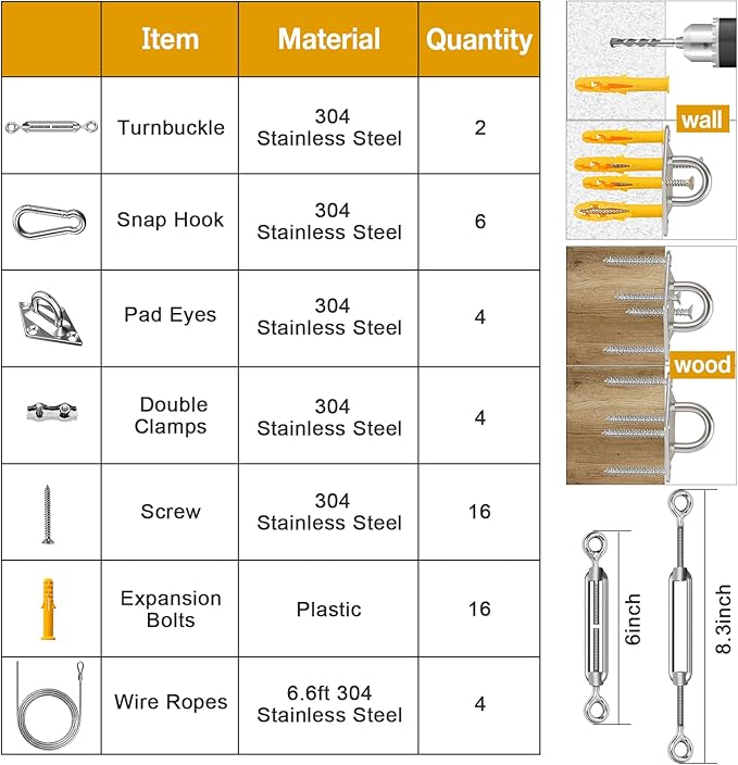 Duerer Sun Shade Sail Hardware Kit 52pcs for Rectangle Triangle Sun Shade Sails Canopy Installation 304 Stainless Steel Accessories Set for Outdoor Garden Patio(6" M6 Turnbuckles+ 4*6.6ft Cables Wire)