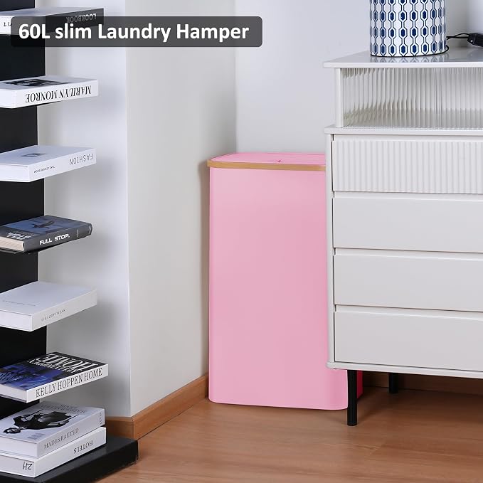 Slim Laundry Basket,60L Laundry Hamper with Lid, Tall Hamper for Laundry,Dirty Cloth Hamper with Bamboo Handle for Toys,Towels, Clothes Organizing,Pink