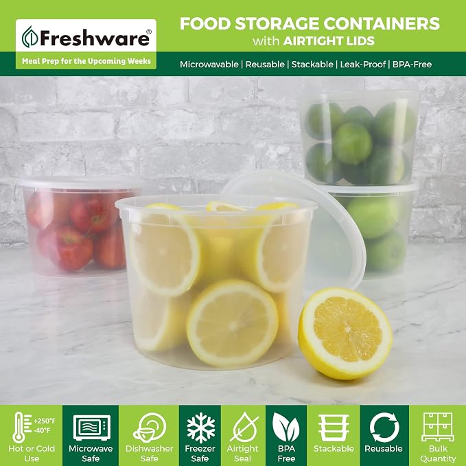 Freshware [72 Pack, 64 oz 1/2 Gallon Plastic Deli Food Storage Soup Containers With Airtight Lids, Slime Containers, Freezer Safe | Meal Prep | Stackable | Leakproof | BPA Free, Clear