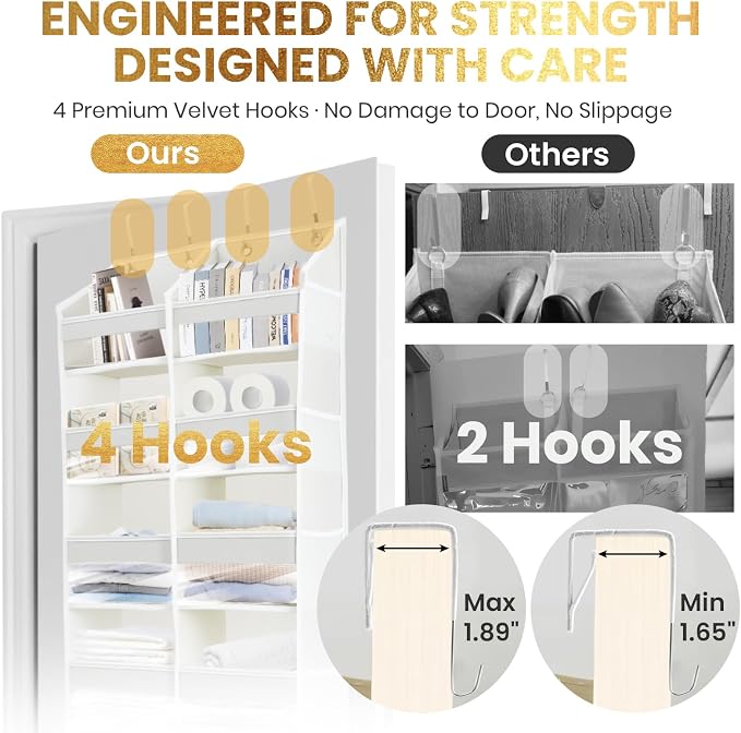 HOMELUX THEORY Over the Door Organizer, 6-Tier XL, 100D Fabric, Ivory | Extra wide over the door organizer, 65 lb capacity, 12 side mesh pockets, heavy-duty 100D fabric, bedroom & nursery storage
