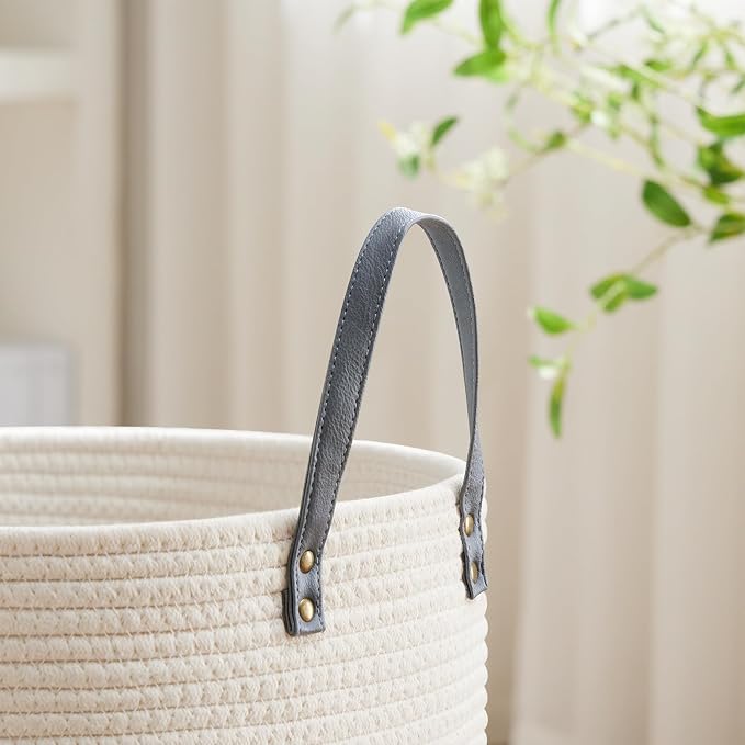 VIPOSCO 53L Tall Woven Rope Laundry Hamper, Leather Handles, Grey & White | Large Wicker Laundry Basket for Dirty Clothes, Blanket, Toy, Towel, Yoga Mat, Storage Bin in Bedroom, Bathroom, Living Room
