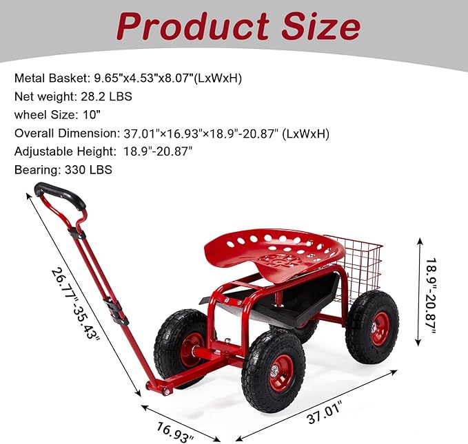 VINGLI Garden Cart with Rolling Seat, Wheels, Adjustable Steering Handle & Utility Tool Tray, Planting Wagon Scooter, Gardening Tool for Senior, for Patio, Backyard, Lawn & Outdoor (red)