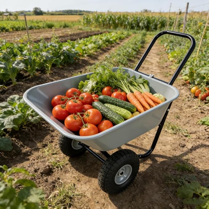 Dual Wheel Garden Wheelbarrow Heavy Duty Yard Cart, 300 LBS Capacity Utility Cart with Pneumatic Tires, Rustproof Poly Tray & Steel Handle for Lawn, Farm, Garden and Landscaping (Black+Gray)