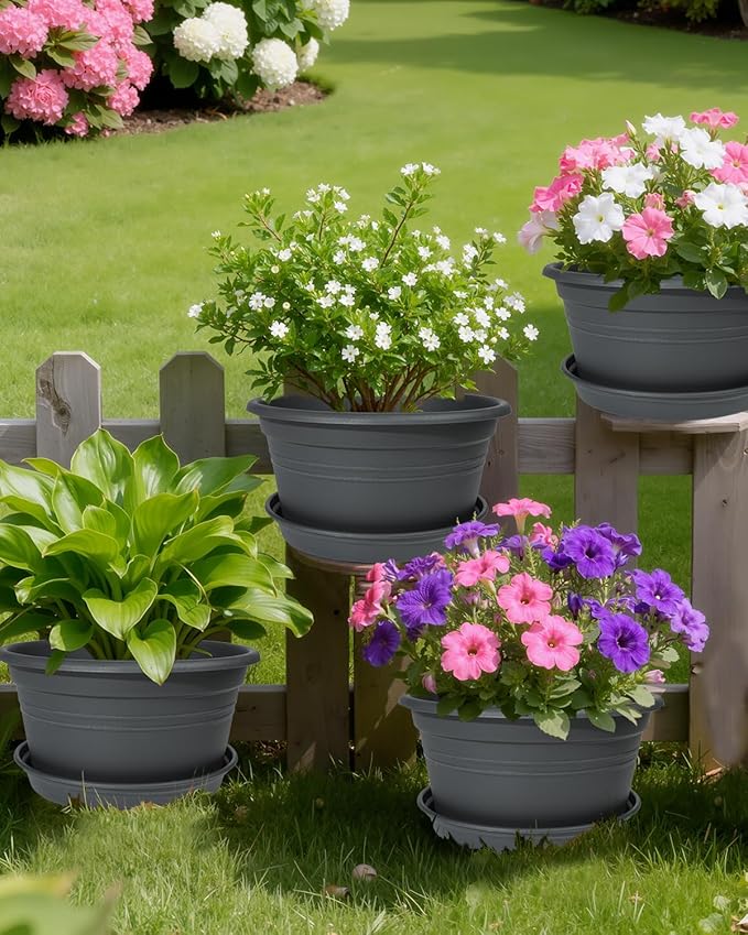 VIDELLY 10 Inch Gray Flower Pots 4-Pack, Plastic Planters with Drainage Hole & Tray, Indoor Outdoor Plant Pots for House Plants, Garden, Patio, Office Home Decor – Modern Decorative Plant Containers