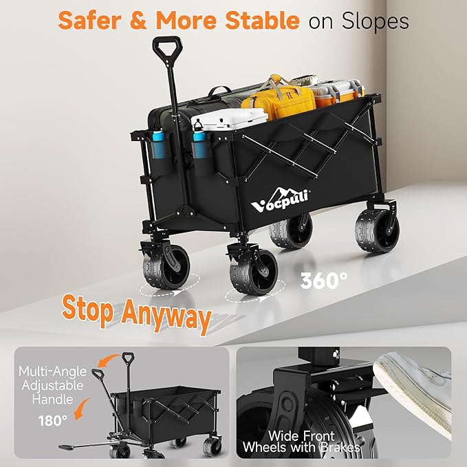40" L Collapsible Wagon Cart Foldable, 500lbs Weight Capacity 250L Heavy Duty Folding Beach Wagons with Big All-Terrain Wheels, Utility Carts for Groceries, Shopping, Camping, Sports - Black