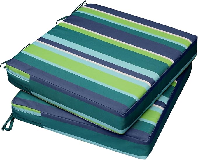 AAAAAcessories Outdoor Seat Cushions for Chairs, Waterproof, Fade-Resistant, 21" x 21" x 3", Patio Furniture Replacement Cushions, Set of 2, Stormy Teal Coastal Stripe