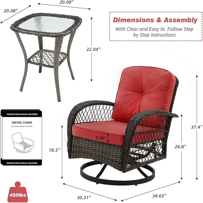 MELLCOM 3 Pieces Outdoor Swivel Rocker Patio Chairs, 360 Degree Rotation and Gliding Patio Furniture Set with Thickened Cushions and Glass Coffee Table for Backyard, Garden, Wine Red