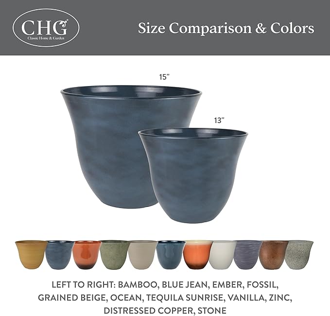 Classic Home and Garden Honeysuckle Resin Planters - Lightweight Indoor & Outdoor Plant Pots - UV-Resistant Plastic Flower Pots - Pot Planters for Flowers & Herbs (13" Ocean Blue)