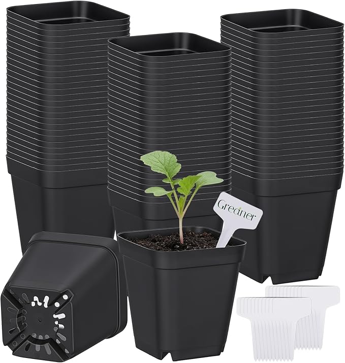 GREANER 3.5 Inch Square Nursery Pots, 80 Packs Seedling Planters with Drainage Holes, Plastic Planting Pots for Garden, Greenhouse(Black)