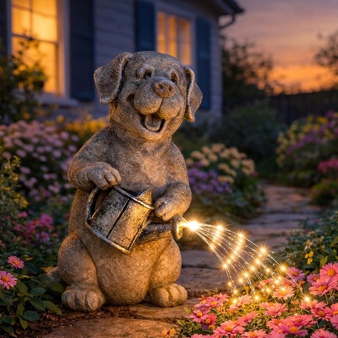 Lavezee Dog Statues Outdoor with String Lights for Garden Decor, Puppy Dog Statue for Patio Lawn Porch Walkway Yard Decoration, Ideal Gifts for Dog Lovers Women Mom Grandma