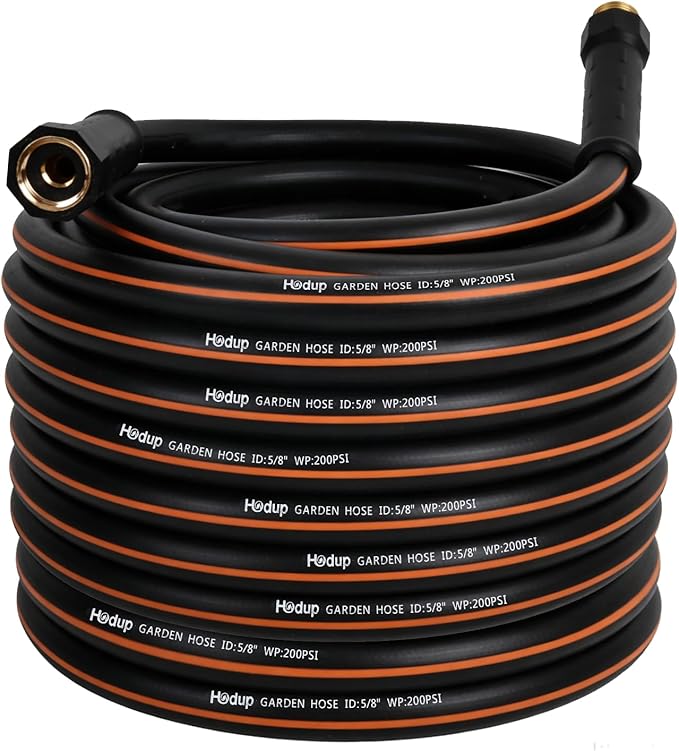 Heavy Duty Garden Hose 100 FT x 5/8"- Non-Expandable Hybrid Rubber Water Hose, Flexible & Leakproof All-Weather Yard Hose with Solid Fittings, Black/Orange