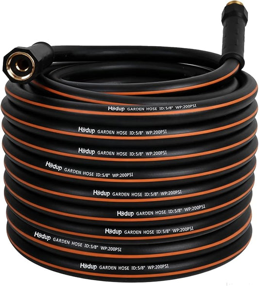 Heavy Duty Garden Hose 100 FT x 5/8"- Non-Expandable Hybrid Rubber Water Hose, Flexible & Leakproof All-Weather Yard Hose with Solid Fittings, Black/Orange