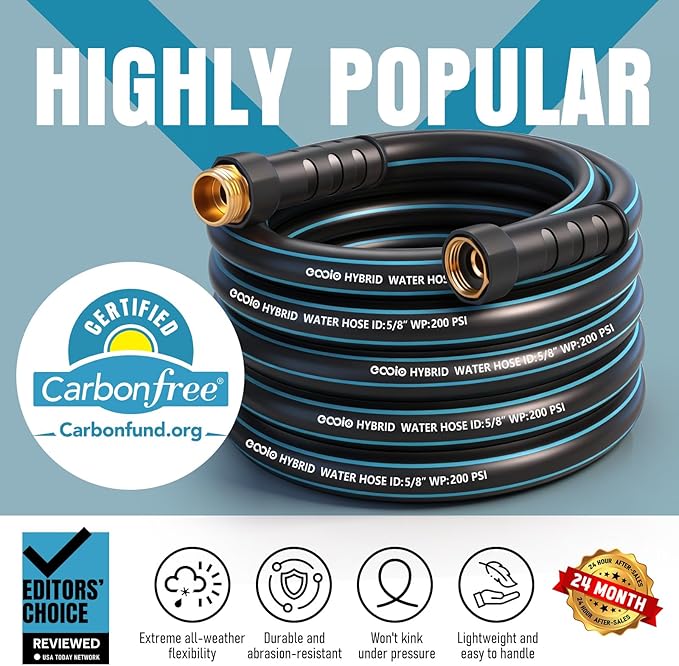 Heavy Duty Garden Hose 35 ft, NON-EXPANDABLE Water Hose with 10 Function Spray Nozzle, Lightweight Kink-less Hybrid Hose with Swivel Handle, Male to Female Fittings