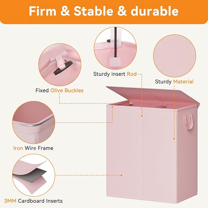 Chrislley Double Laundry Hamper with Lid, 140L Laundry Basket 2 Section | Large Dirty Clothes Hamper 2 Compartments with Removable Liner Bags & Handles, Collapsible Storage for Bedroom, Doom, Pink