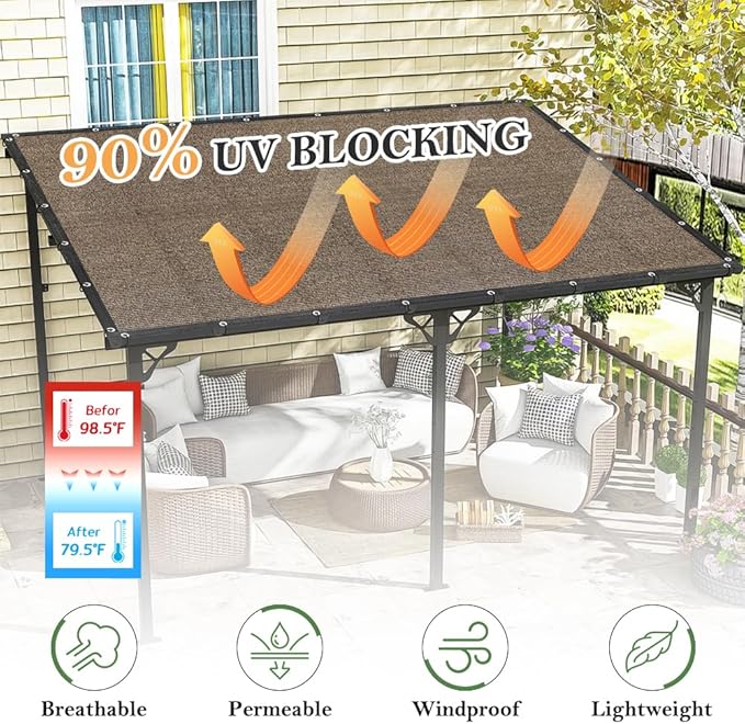 SEEYE 90% Sun Shade Cloth, 6 x 10 FT Durable Privacy Screen Shade Cover, Pergola Shade Cover with Grommets, UV Block Mesh Tarp for Plant Cover, Greenhouse, Patio, Chicken Coop, Balcony, Mocha