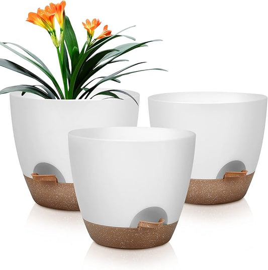QRRICA Plant Pots 10/9/8 Inch Self Watering Pots, Set of 3 Plastic Planters with Drainage Holes and Saucers,Plastic Flower Pots,Nursery Planting Pot for Indoor Out Door Plants（White）