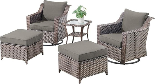 Outdoor Wicker Patio Furniture Set - 5 Piece Outside Rattan Conversation Bistro Dining Chair Sets with Rocking Swivel Chairs, Ottomans and Side Table for Porch Yard Balcony – Brown/Grey