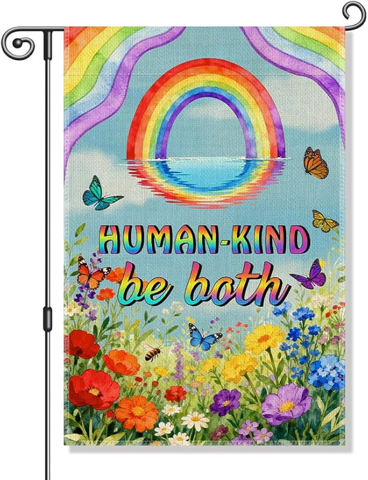 Human-Kind Be Both Garden Flag, Boho Inclusion Kindness Diversity Equality Human Right Yard Banner, LGBTQ Pride Month Banner, Spring Welcome Home Classroom Community Lawn Liberal Outdoor Decor