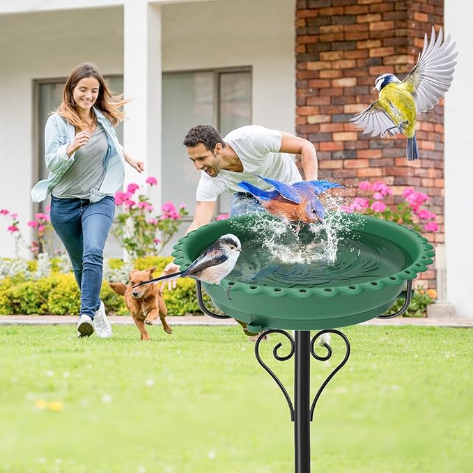 40In Bird Bath for Outside,Freestanding Birdbath & Birdfeeder with Metal Stake,Vintage Birdbaths Water Bowl with 5 Prongs Base for Outdoor Garden Yard Decor (Green)