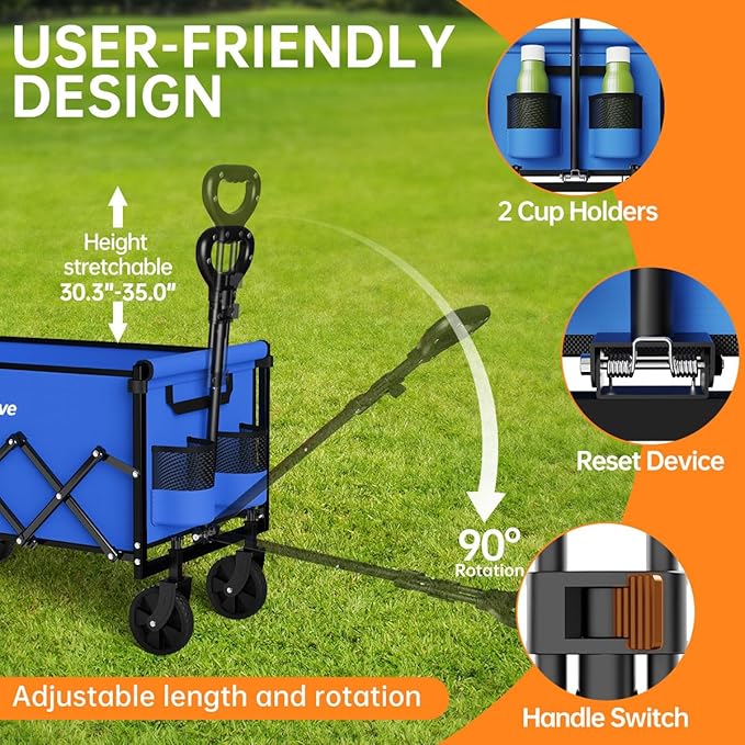 Collapsible Wagon Cart, 380LBS Heavy Duty Utility Wagons with All-Terrain Wheels, Foldable Grocery Carts for Gardening, Shopping, Beach, Camping, Blue
