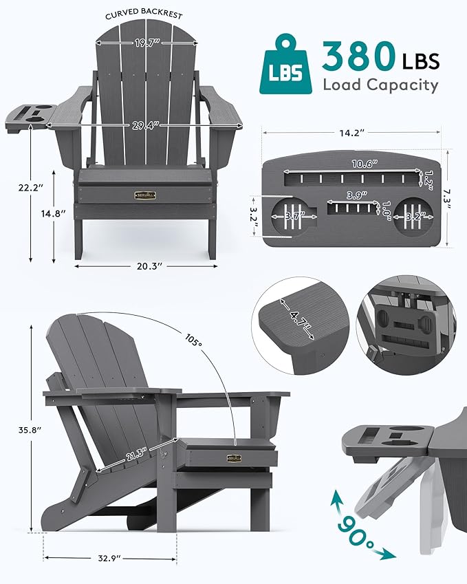 SERWALL Folding Adirondack Chair Set of 4, Outdoor Adirondack Chairs with 4 in 1 Cup Holder, Wood Texture Patio Chairs, Weather Resistant Fire Pit Chairs for Patio Deck Garden, Backyard Deck - Gray