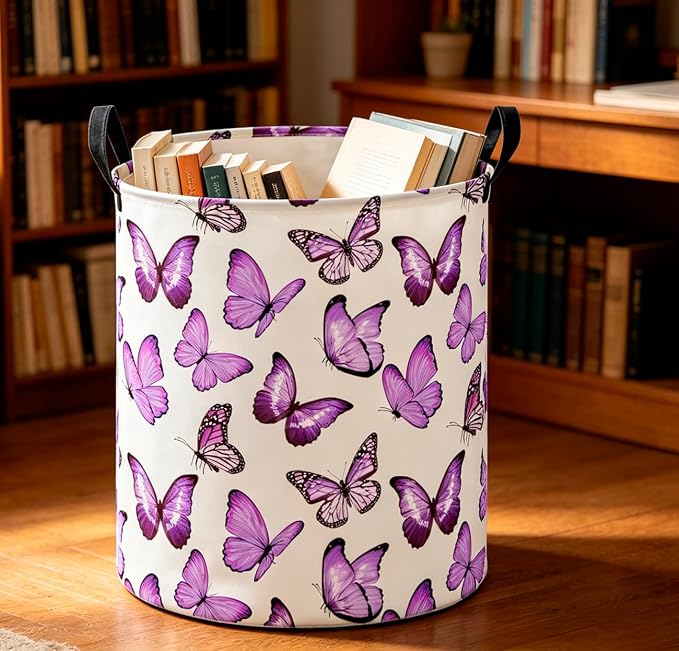 CLOCOR Large Laundry Basket,Waterproof Fabric Storage Container,Room Decor(Deep Purple Butterfly)